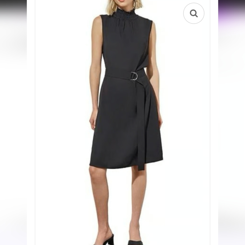 Ming Wang Crepe De Chine Woven Ruffle Mock Neck Sleeveless Belted Dress Medium